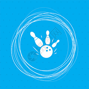 迷你保龄球在蓝色背景上打保龄球游戏圆球图标 周围有抽象的圆圈和文字位置背景