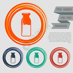蓝色网站用于您网站的红色蓝色绿色橙色按钮上的传统牛奶瓶图标和带空格文本的设计背景