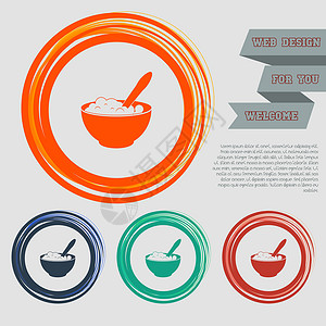 美食网站背景用于您网站的红色蓝色绿色橙色按钮上的粥图标和带空格文本的设计背景