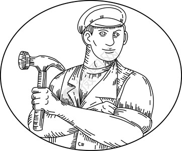 拿着锤子手臂旧木匠铁锤单线插画