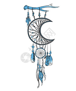 漂浮蓝色珠子矢量图和手绘捕梦网 羽毛和珠子精神蓝色电路卡片中风捕手打印魔法文化写意插画