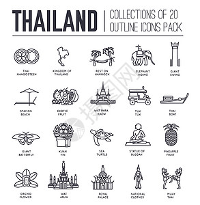 民族图标泰国国家旅游度假指南的商品 地点和特色 集建筑 时尚 人物 物品 自然背景概念于一体 传统民族平面 轮廓 细线图标插画