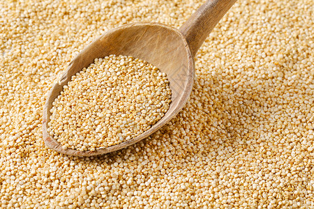 白quinoa种子营养白色内核勺子粮食画幅食物背景图片