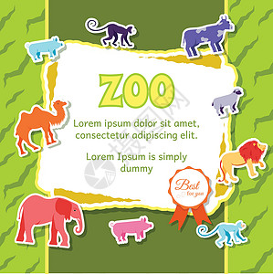 图书借阅卡贴纸风格设计中绿色背景海报上的动物园动物元素 矢量插图模板卡插图概念插画