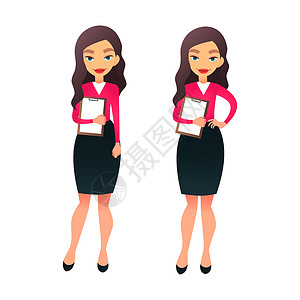 格格卡通扁平设置各种姿势的性格女商务人士 卡通秘书或老师在不同的工作情况下 白色背景上微笑的女商务人士扁平人物女士销售卡通片办公室服务零售商背景