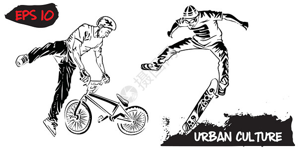 与城市文化的代表进行说明 BMX骑手和滑冰者在白色背景中被孤立 极端主题为现代印刷品设计图片