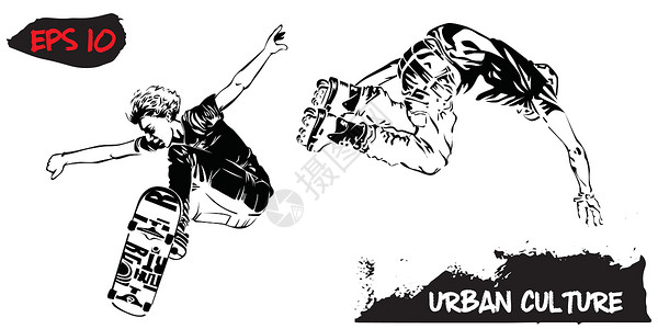 恤运动印花与城市文化代表的插图 在白色背景上孤立的跳跃中的滚轴和溜冰者 极端主题现代印花设计图片