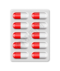 药片包装白色背景孤立的红色胶囊药丸泡泡袋插画