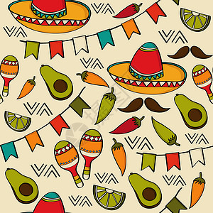 涂鸦无缝模式与墨西哥符号草图派对嘉年华涂鸦织物绘画帽子插图旅行旗帜背景图片