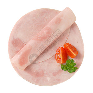 粉色番茄猪肉火腿片治愈高架红色圆形熏制冷盘折叠食物粉色背景