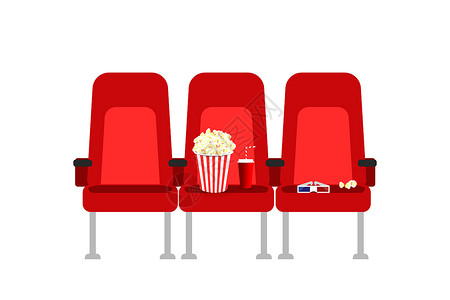 饮料摄影图海报电影中的电影院座位配有爆米花 饮料和眼镜 平面卡通电影院座位图 电影院首映海报概念设计 开演时间背景