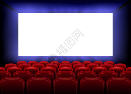 电影首映版海报设计 带空白屏幕 真实的电影厅室内有红色座位 矢量插图背景图片