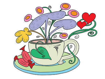 茶静物拍摄茶杯 有仙女花朵静物乐趣插图童话生长热情烟花花束糖果咖啡插画