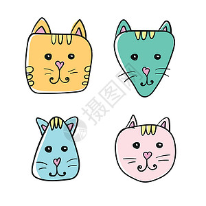 有贪必抓简单 手画卡通猫脸图标 白色有四种颜色变化插画