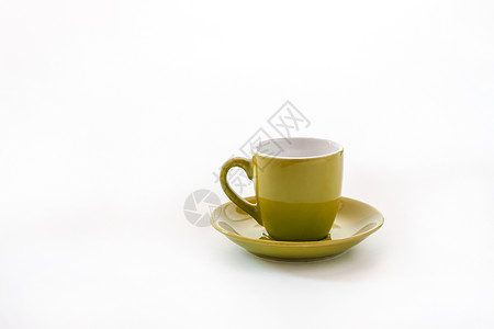 白色背景上隔绝的杯盘和茶碟陶瓷紫丁香盘子淡绿色家庭咖啡早餐饮料制品厨具背景图片