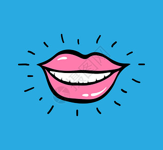 波普艺术矢量红唇与文本哈哈 H口红美丽涂鸦卡通片女孩表情牙科贴纸情感插图背景图片