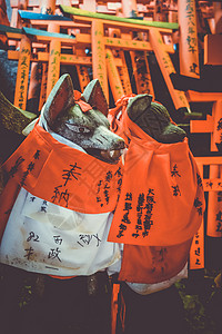 伏见区日本京都的狐头雕像神道地标宗教旅游建筑学橙子狐狸佛教徒石头文化背景
