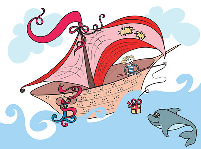 多春鱼船上的水手把海豚的礼物扔在棍子上 他将一具多芬式的礼物扔到鱼棒上帆船童话快乐插图飞行渔夫铅笔爱好木板钓鱼设计图片