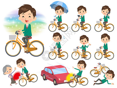 小学生骑着城市自行车青少年阳伞插图学生道路碰撞手机举止手术制服插画