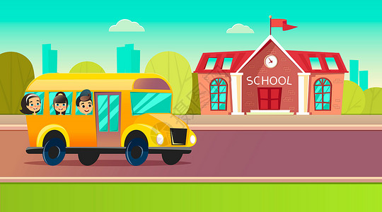 幼儿园校车学生在校车上上学青少年女学生孩子们课堂学习房子公共汽车建筑女孩大学背景