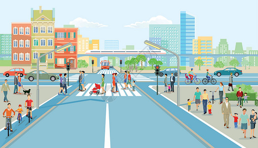 社区道闸与行人和汽车的路口插画