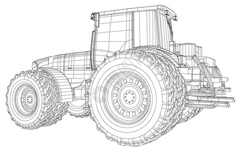 iphonex线框图孤立在白色背景上的线框拖拉机 追踪图 3运输农场标识收获建造艺术机械收成机器技术插画