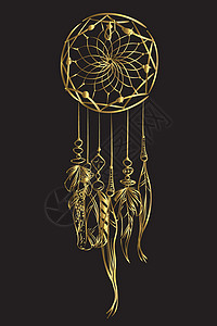 金色珠子矢量图和黑色背景上有羽毛的金色豪华捕梦网 华丽的民族物品羽毛珠插画
