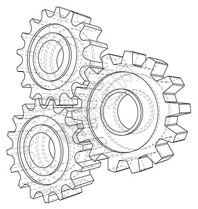 嵌齿轮和齿轮  3d 的矢量渲染 线框样式金属技术工程力量草图艺术车轮牙齿圆圈团队背景图片