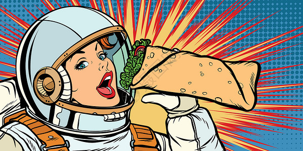 干锅带皮牛肉饥饿的女宇航员吃烤肉串插画
