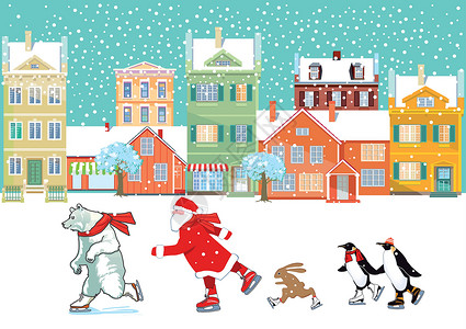 洛带小镇带北极熊 企鹅和兔子滑冰的圣诞老人 插图插画