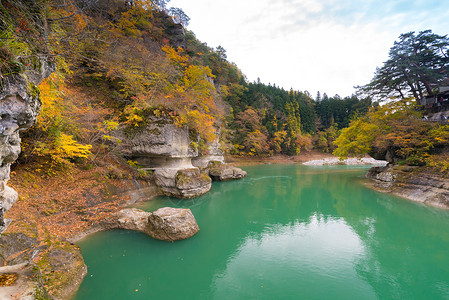 可可苏里湖福岛日本不为赫苏里岛日本峡谷公园松树车削悬崖爬坡水库树木森林地块背景