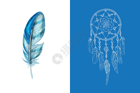 矢量图蓝色羽毛一套设计和装饰元素 详细的彩色羽毛特写隔离在白色背景 在蓝色背景上手绘华丽的民族捕梦网 矢量图插画