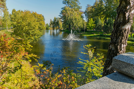 水洒了在公园一个小池塘中间 设置了一座单独喷泉背景