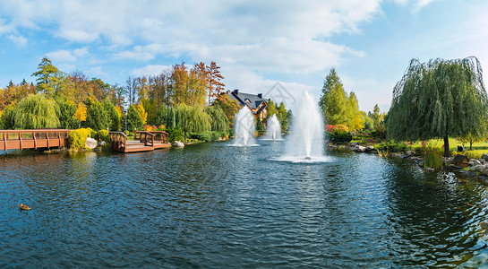 木桥底壁上的一个池塘中的三座喷泉a背景图片