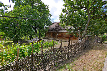 柳条篱笆 后面有花园和茅草屋顶下的房子背景图片