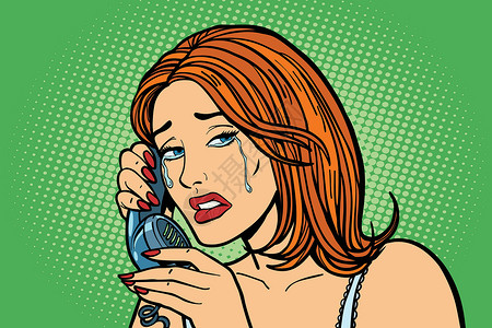 流泪的女孩在电话里说话的流泪女人 情感设计图片