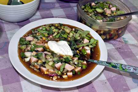 霍洛什卡部分 俄罗斯冷菜汤勺子黄瓜食物香菜乡村萝卜饮食蔬菜土豆美食背景图片