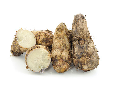 白色上的塔罗根热带芋头情调蔬菜食物异国球茎团体水果背景图片