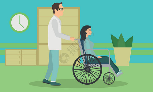 坐着的病人坐在轮椅上的女人将从医院出院插画