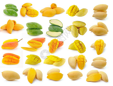 在白色背景上隔离的芒果黄色营养热带水果绿色食物红色背景图片