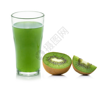 白色背景隔离的基维果汁早餐食物玻璃绿色饮料奇异果高清图片