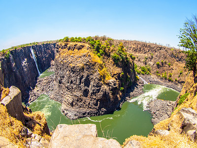 利文斯通赞比西河上的维多利亚瀑布 旱季 津巴布韦和非洲赞比亚之间的边界 鱼眼拍摄背景