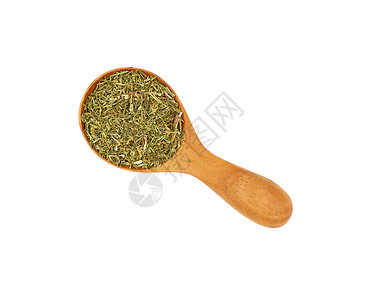 盛满干草药香料的木勺勺子尺寸白色棕色味道调味品绿色背景图片