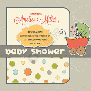 迎婴派对带婴儿车的婴儿沐浴卡插图新生儿淋浴派对公告卡片喜悦邀请函迎婴明信片插画