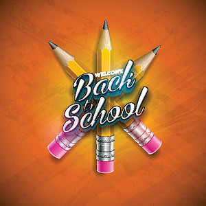 回到学校设计 用石墨铅笔和橙色背景上的字母 带有学校项目的矢量插图 用于贺卡横幅传单邀请小册子或宣传海报背景图片