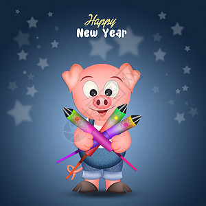 猪年插图十二生肖烟花动物庆典文化吉祥物卡通片明信片粉色背景图片