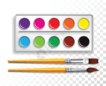 水彩颜料画笔在透明背景上用画笔在盒子里设计一套明亮的水彩颜料 五颜六色的矢量插图和孩子们的学校项目设计图片