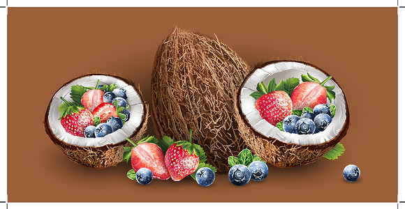 椰子 蓝莓和草莓食物果汁甜点浆果标签生态插图徽章广告烹饪背景图片
