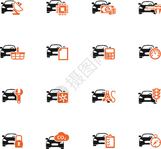 车务汽车服务图标 se活动橙子红绿灯扳手卡尺罗盘篮子计算器平面表处理器插画