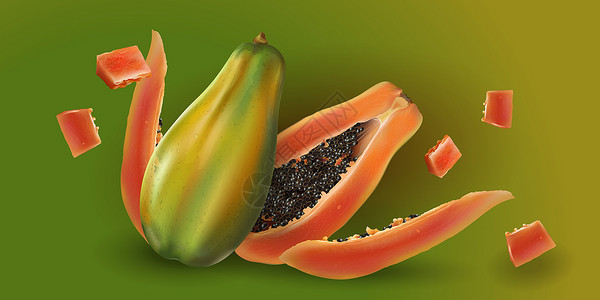 木瓜插图绿背景木瓜厨房食物叶子收成餐厅甜点生态美食广告烹饪背景